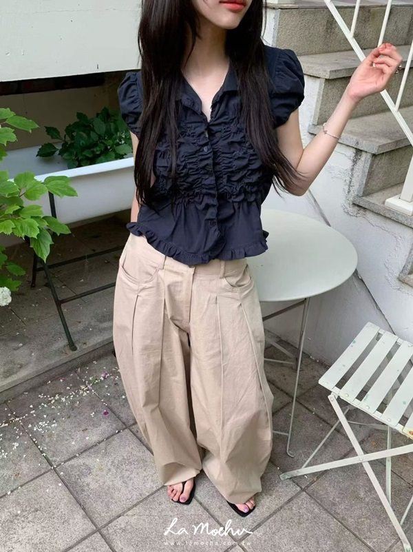 荷葉滾邊抓皺襯衫